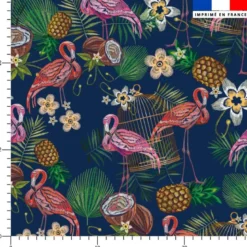 Flamant et fruit tropical effet brodé - Fond bleu foncé