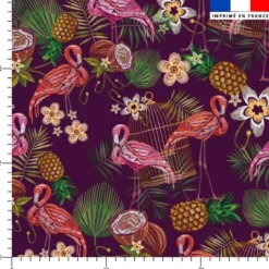 Flamant et fruit tropical effet brodé - Fond violet foncé