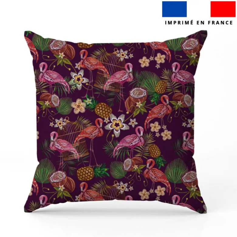 Flamant et fruit tropical effet brodé - Fond violet foncé