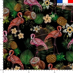 Flamant et fruit tropical effet brodé - Fond noir