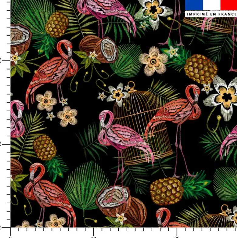 Flamant et fruit tropical effet brodé - Fond noir