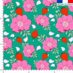 Fleur et fraise - Fond vert - Création La Fossette