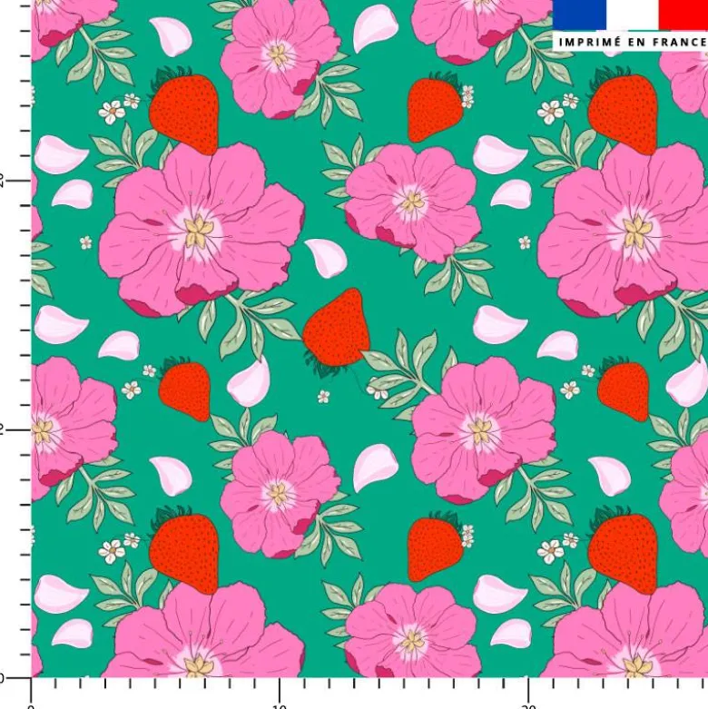 Fleur et fraise - Fond vert - Création La Fossette