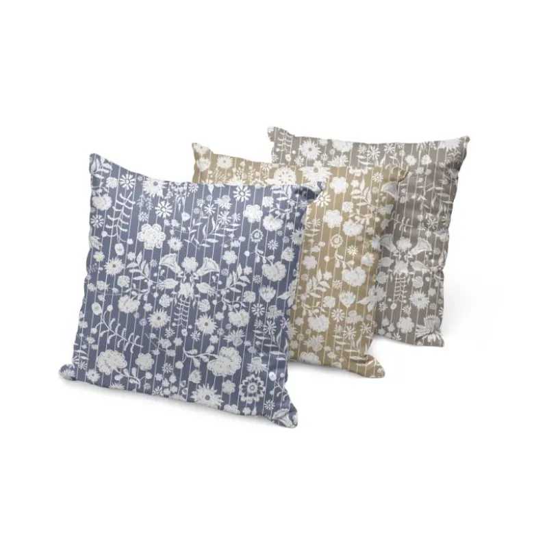 Fleurs et rayures blanches aspect lin - Fond bleu foncé