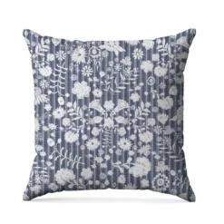 Fleurs et rayures blanches aspect lin - Fond bleu foncé