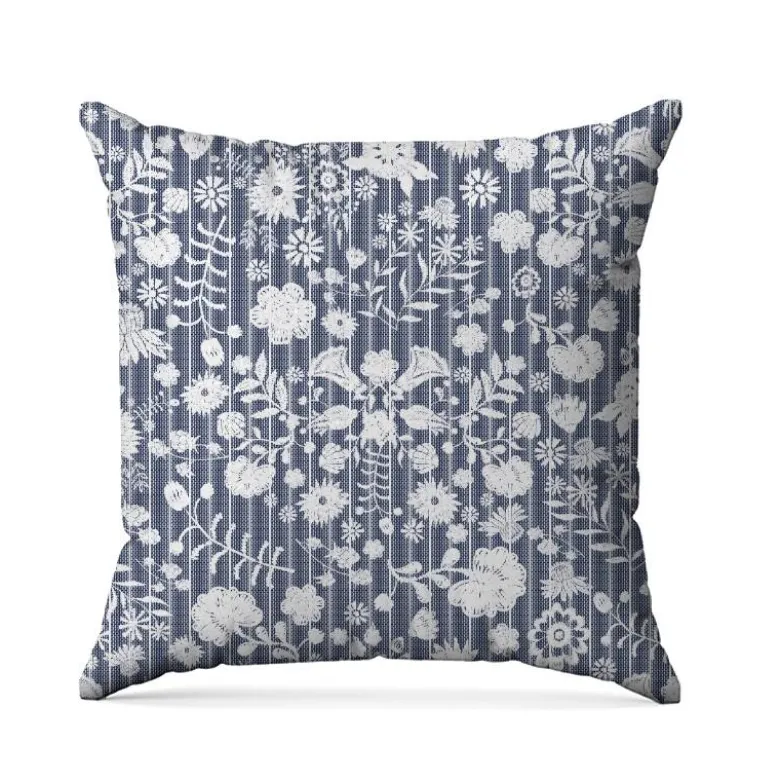 Fleurs et rayures blanches aspect lin - Fond bleu foncé