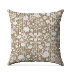 Fleurs et rayures blanches aspect lin - Fond marron clair