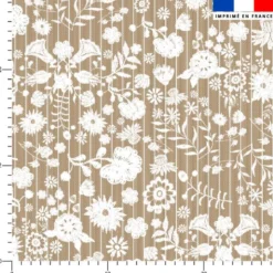 Fleurs et rayures blanches aspect lin - Fond marron clair