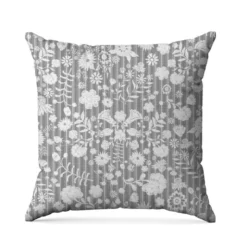 Fleurs et rayures blanches aspect lin - Fond gris
