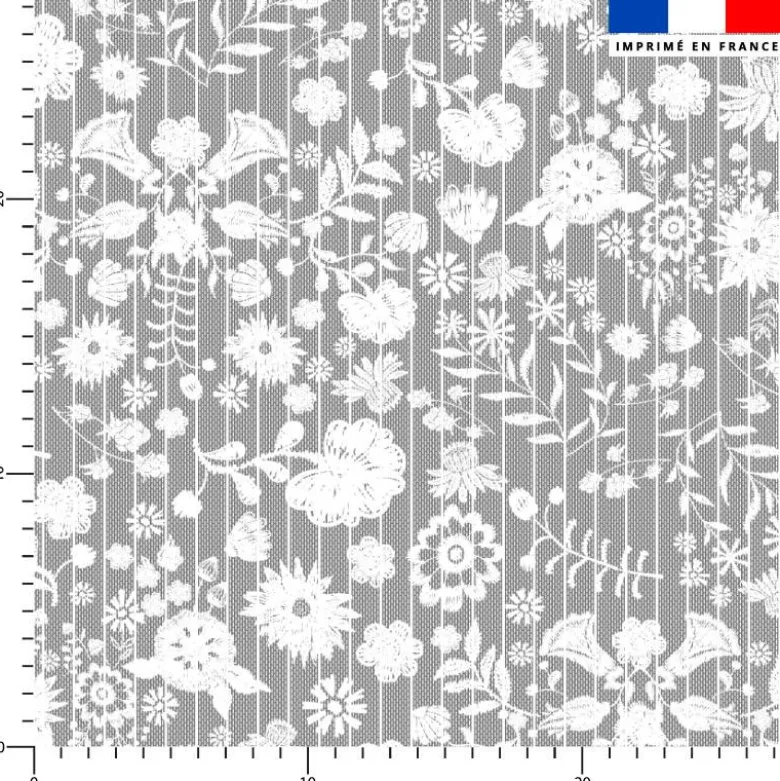 Fleurs et rayures blanches aspect lin - Fond gris