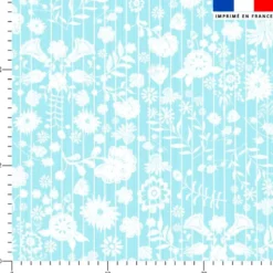 Fleurs et rayures blanches aspect lin - Fond bleu clair