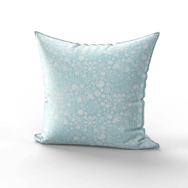 Fleurs et rayures blanches aspect lin - Fond bleu clair