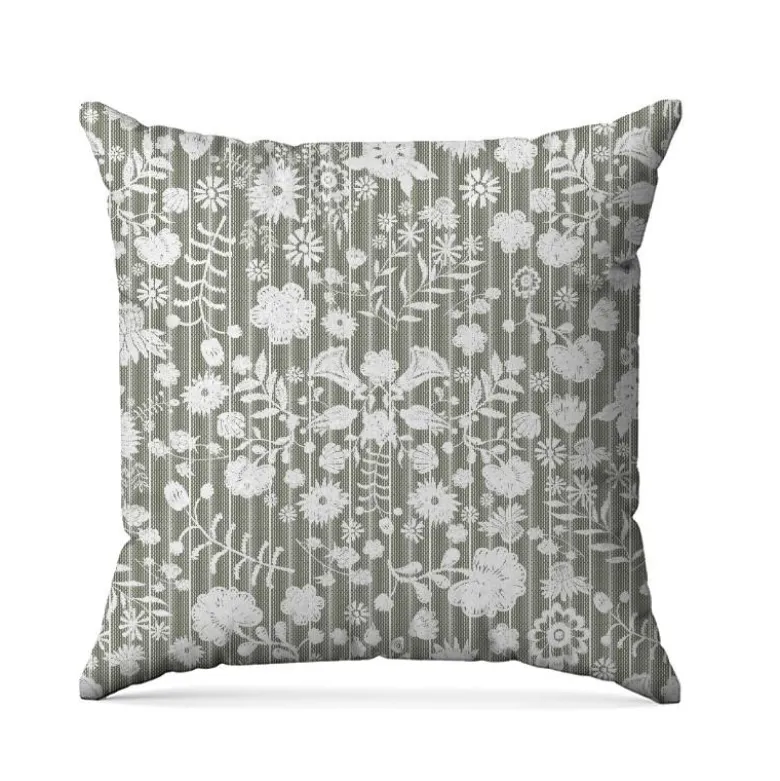 Fleurs et rayures blanches aspect lin - Fond vert kaki