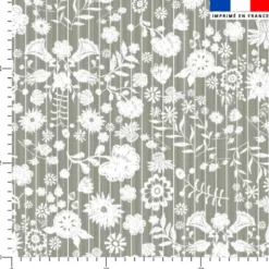 Fleurs et rayures blanches aspect lin - Fond vert kaki