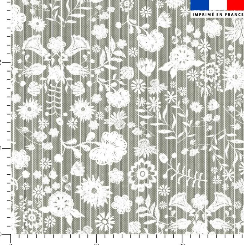 Fleurs et rayures blanches aspect lin - Fond vert kaki