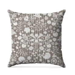 Fleurs et rayures blanches aspect lin - Fond marron