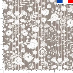 Fleurs et rayures blanches aspect lin - Fond marron
