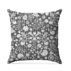 Fleurs et rayures blanches aspect lin - Fond noir