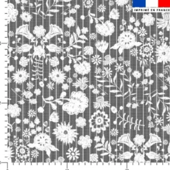 Fleurs et rayures blanches aspect lin - Fond noir