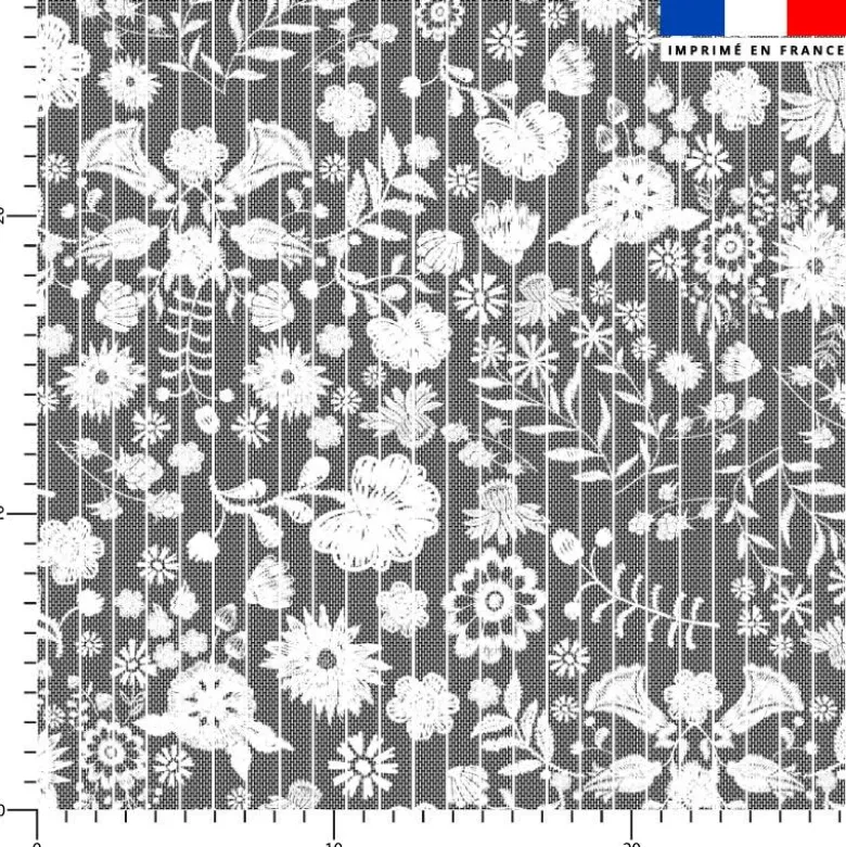 Fleurs et rayures blanches aspect lin - Fond noir
