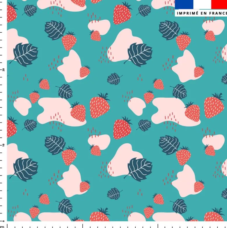 Fraise et feuille - Fond bleu vert