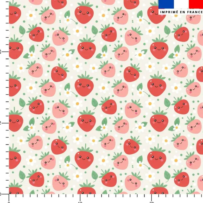 Fraises Kawaii Et Marguerites - Fond Écru