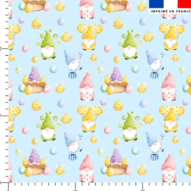 Gnome et oeufs de Pâques - Fond bleu pastel