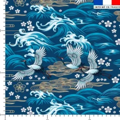 Grue et vague déchainée - Fond bleu marine