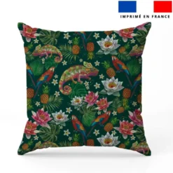 Iguane et perroquet effet brodé - Fond vert foncé