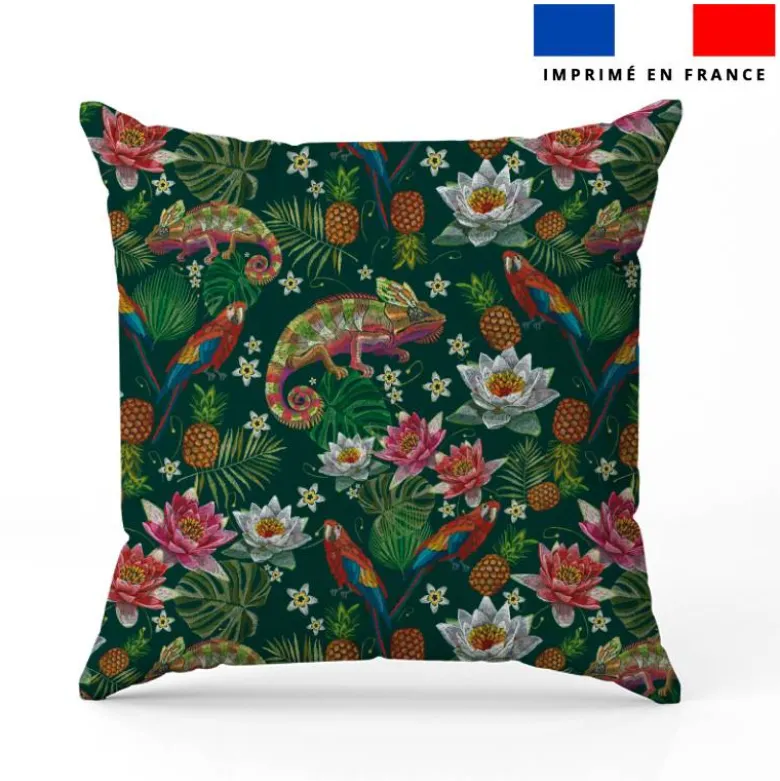 Iguane et perroquet effet brodé - Fond vert foncé