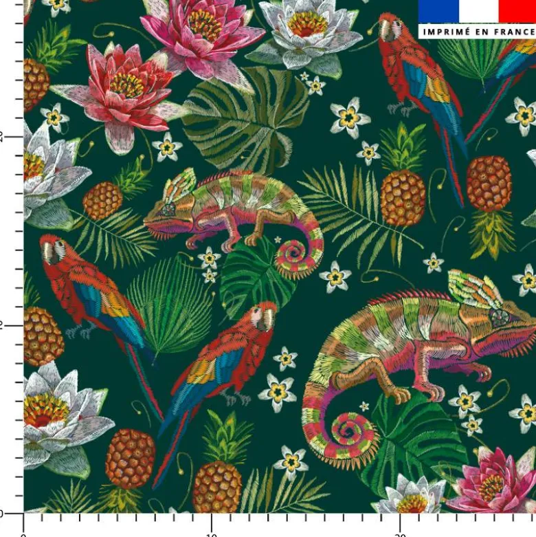 Iguane et perroquet effet brodé - Fond vert foncé