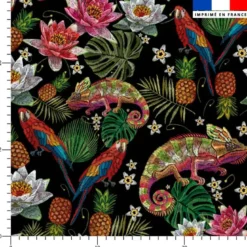 Iguane et perroquet effet brodé - Fond noir