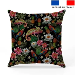 Iguane et perroquet effet brodé - Fond noir