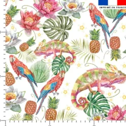 Iguane et perroquet effet brodé - Fond blanc