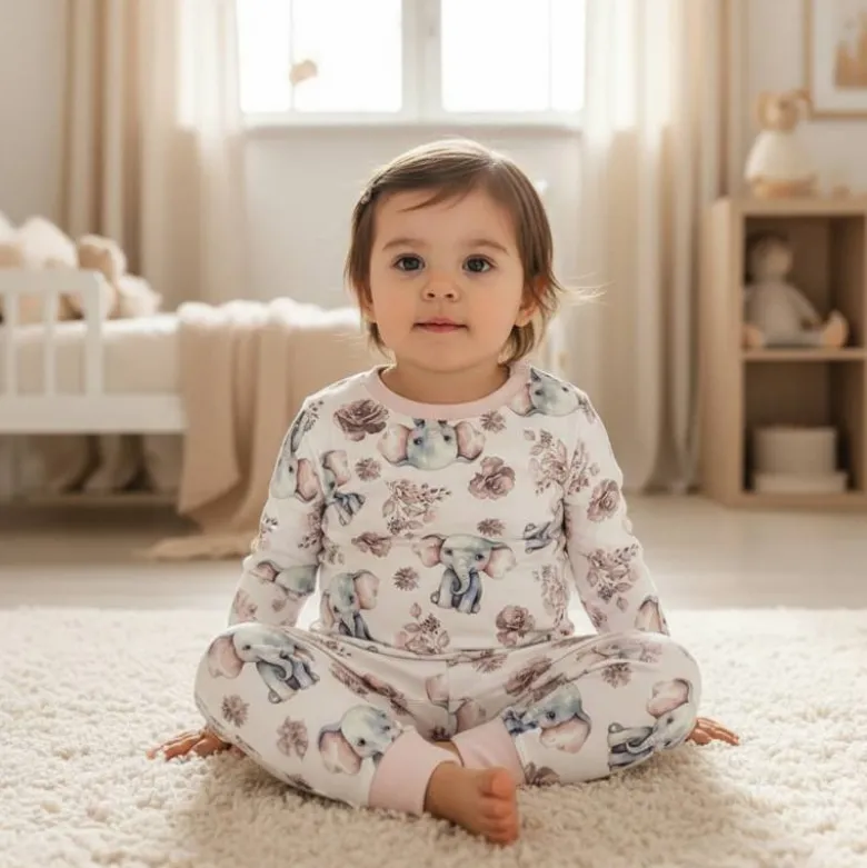 Jersey imprimé éléphant et rose aquarelle vieux rose