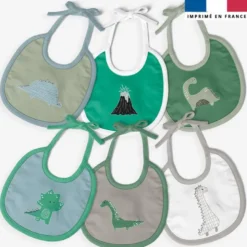 Kit bavoirs en éponge motif dino vert et volcan