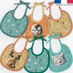 Kit bavoirs en éponge motif têtes animaux du froid vert et orange - Création Stillistic