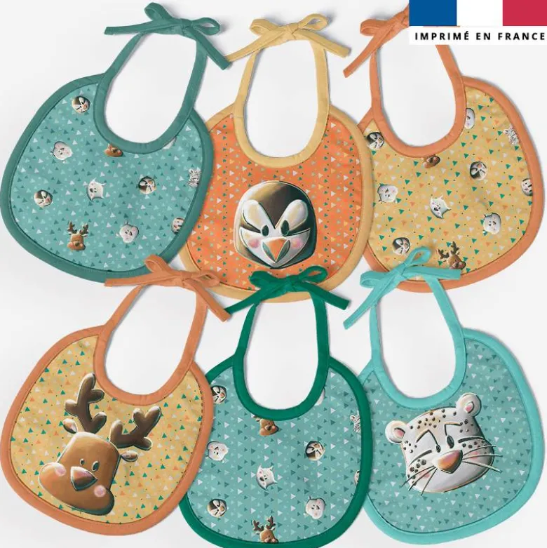 Kit bavoirs en éponge motif têtes animaux du froid vert et orange - Création Stillistic