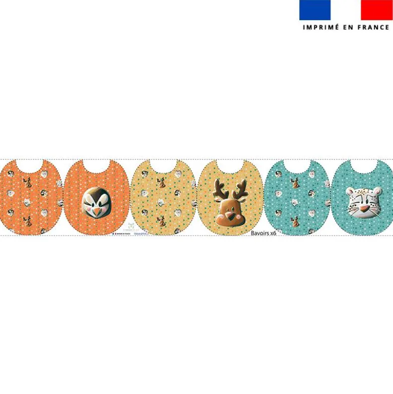 Kit bavoirs en éponge motif têtes animaux du froid vert et orange - Création Stillistic