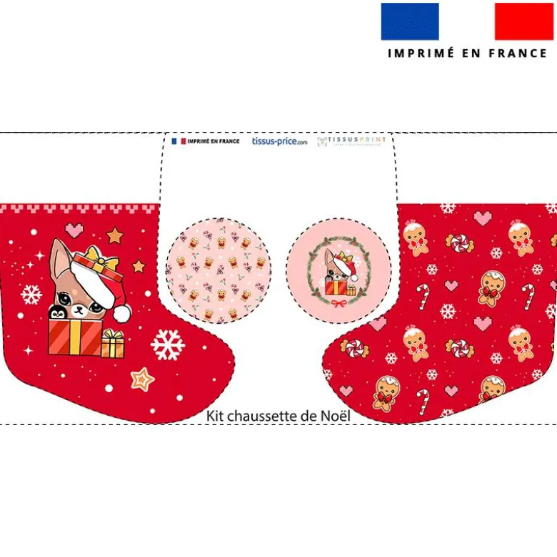 Kit chaussette de noel motif chien chihuahua + Fausse fourrure - Création Jolifox