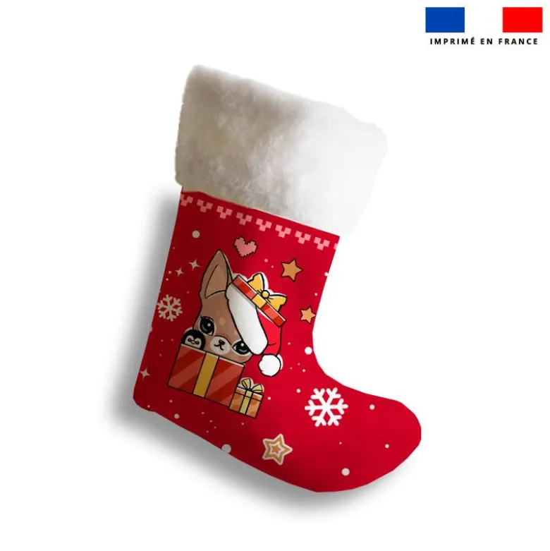 Kit chaussette de noel motif chien chihuahua + Fausse fourrure - Création Jolifox