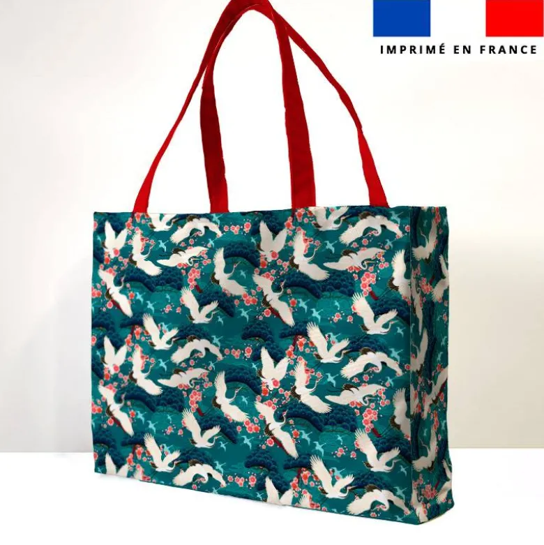 Kit couture sac cabas motif grue japonaise et fleur de cerisier