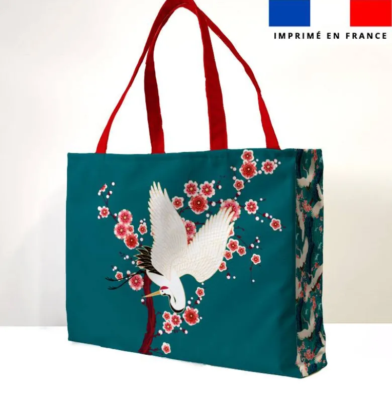 Kit couture sac cabas motif grue japonaise et fleur de cerisier