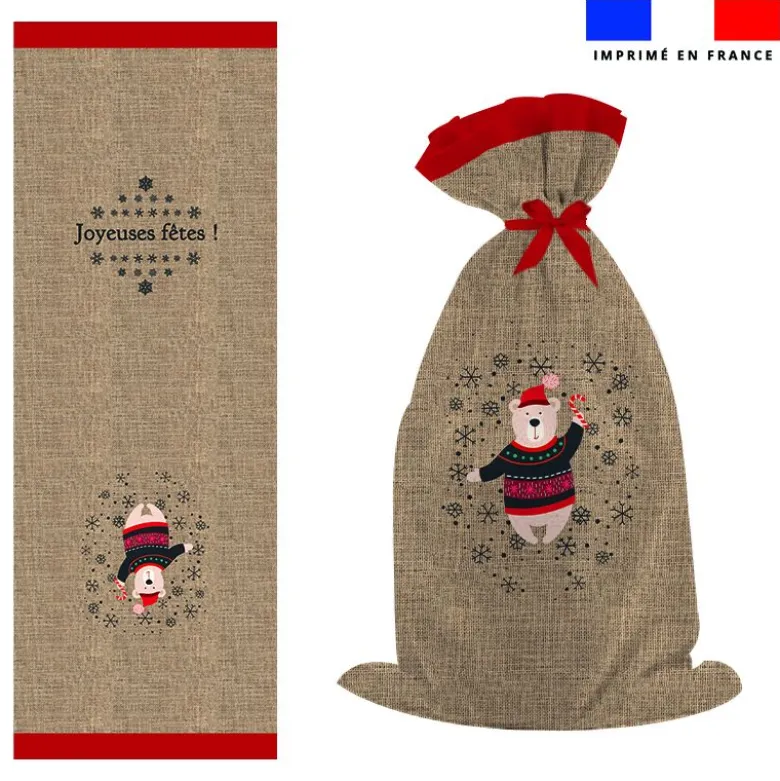 Kit hotte de Noel motif ourson effet toile de jute