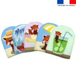 Kit mini-gants nettoyants motif panda roux en vacances