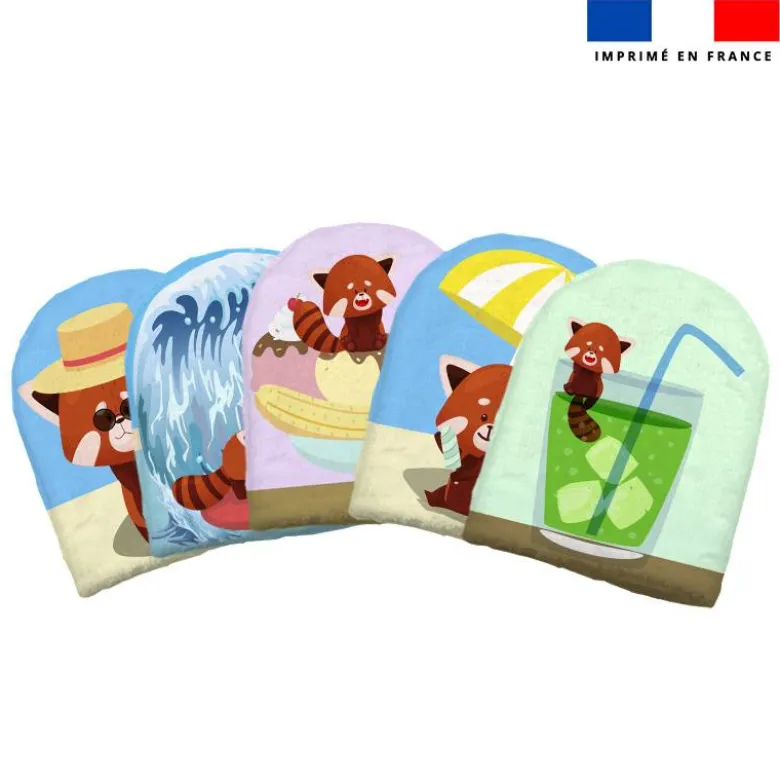 Kit mini-gants nettoyants motif panda roux en vacances