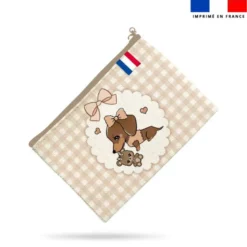 Kit pochette motif teckel vichy beige - Création Jolifox