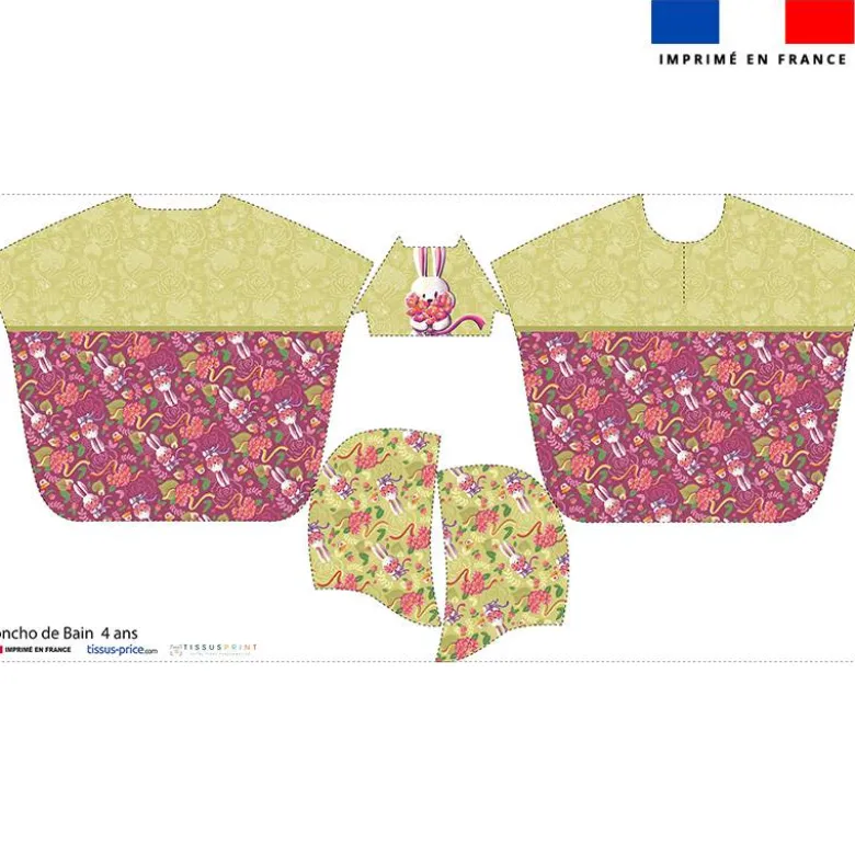 Kit poncho de bain framboise motif lapin printanier - Création Stillistic