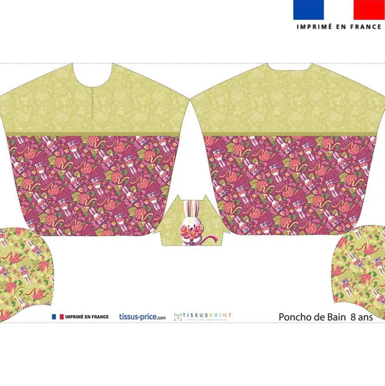 Kit poncho de bain framboise motif lapin printanier - Création Stillistic