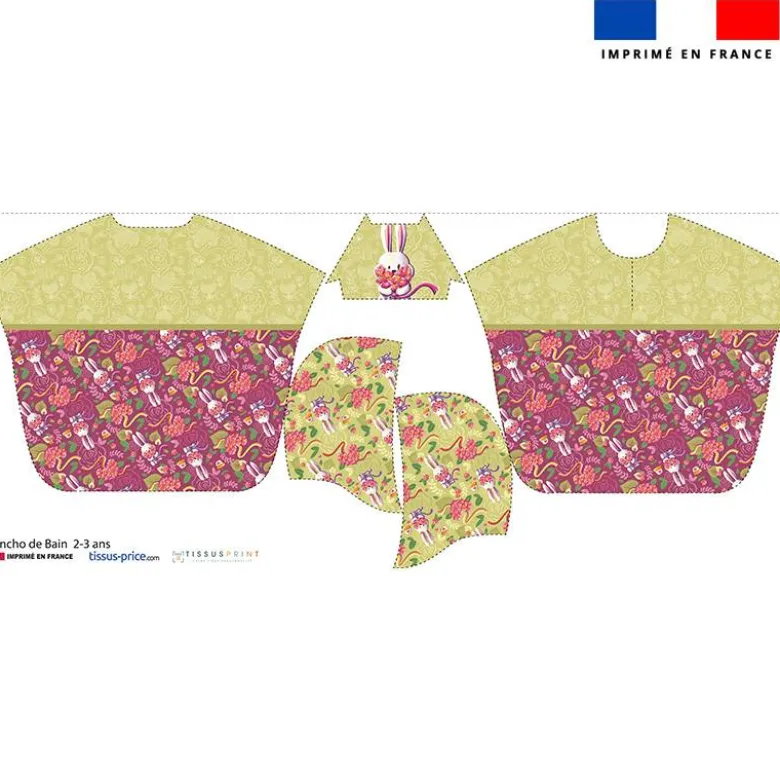 Kit poncho de bain framboise motif lapin printanier - Création Stillistic